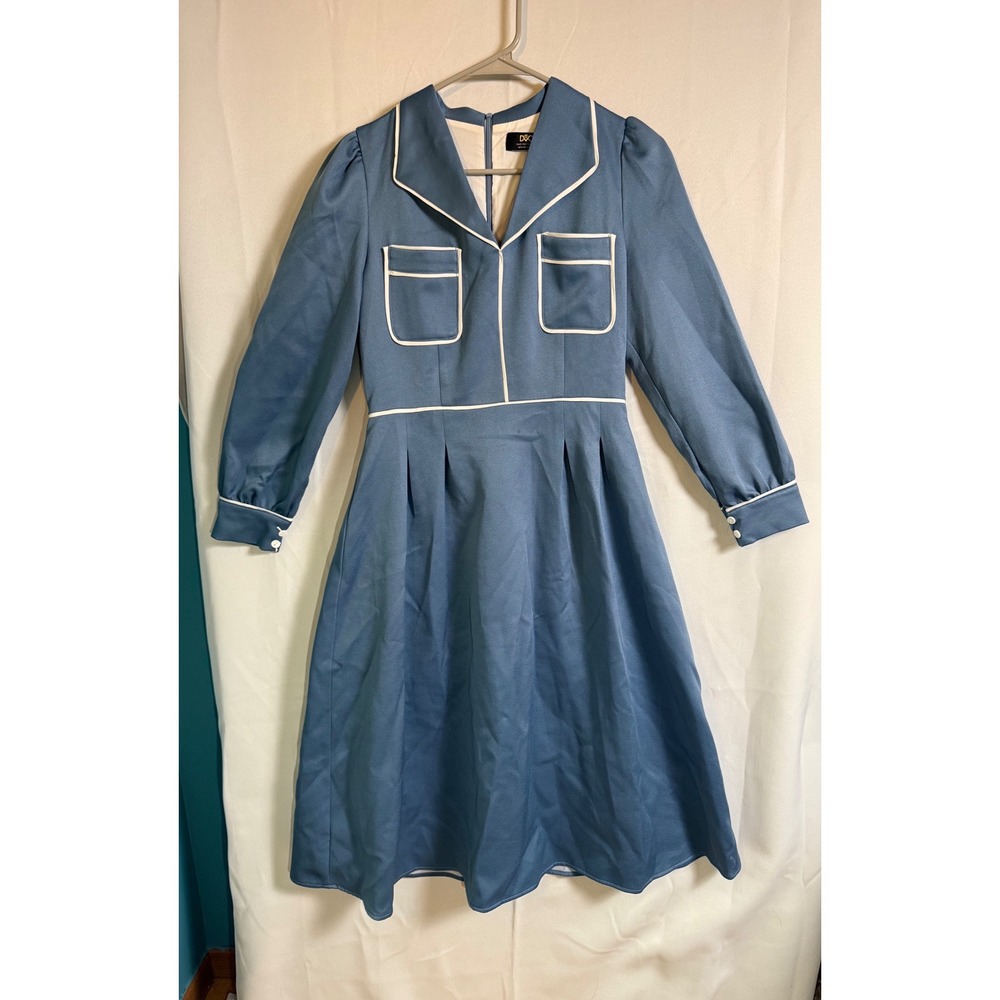 DVC Dolce Viva Blue Midi Dress M Retro Mod Secretary Piped Airline Stewardess